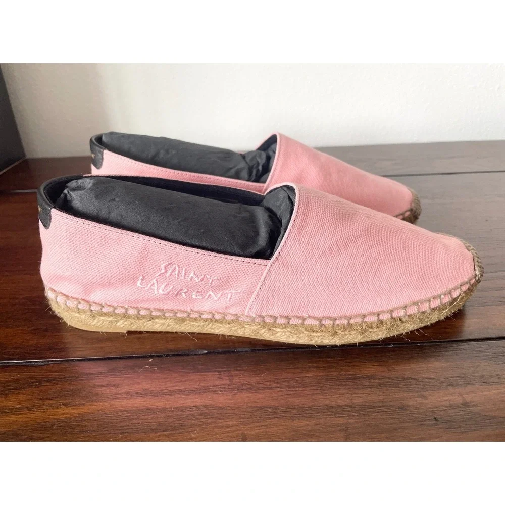Saint Laurent Women's Pink Canvas Embroidered Flats Loafers Shoes, sz 36.5‎